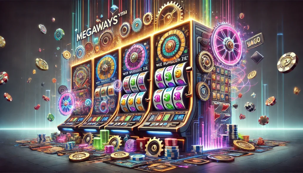 DALLE 20250327 122353 A visually engaging 169 banner image for a blog post titled Megaways™ Slots erklärt Wie funktionieren sie Megaways™ Slots explained How do they SlotsProject